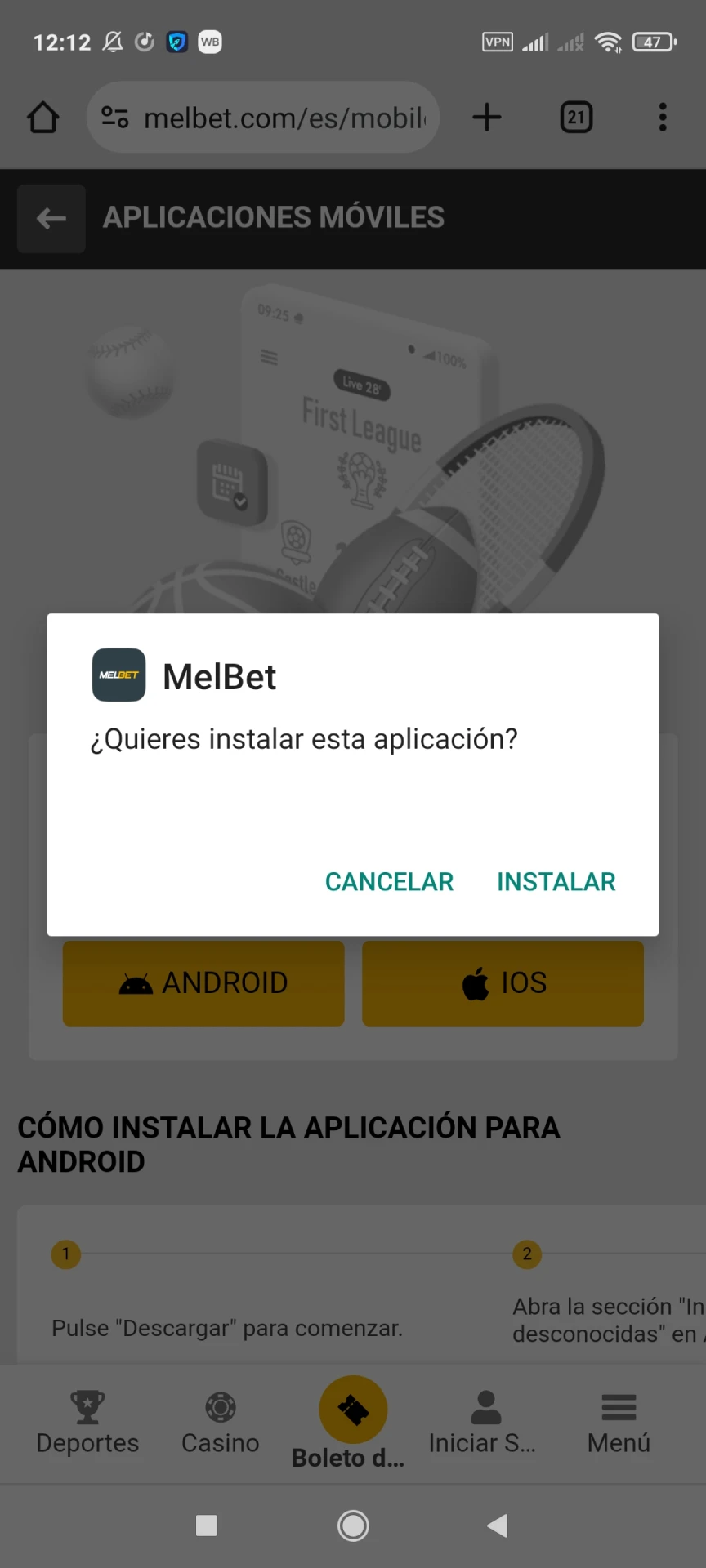 Comience a instalar la aplicación Melbet para Android.
